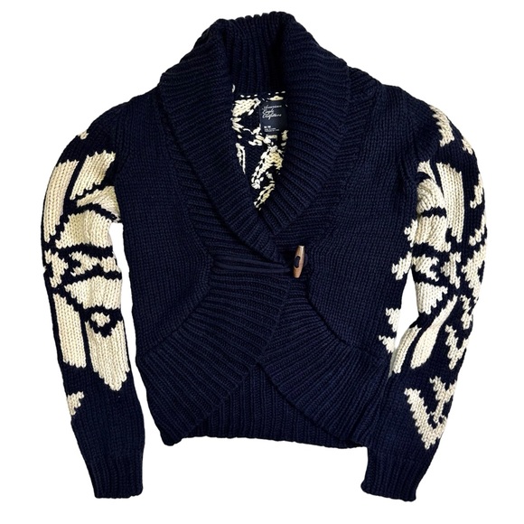 American Eagle Navy Blue and Cream Knit Sweater Size Medium Shawl Collar Vintage - Picture 10 of 11
